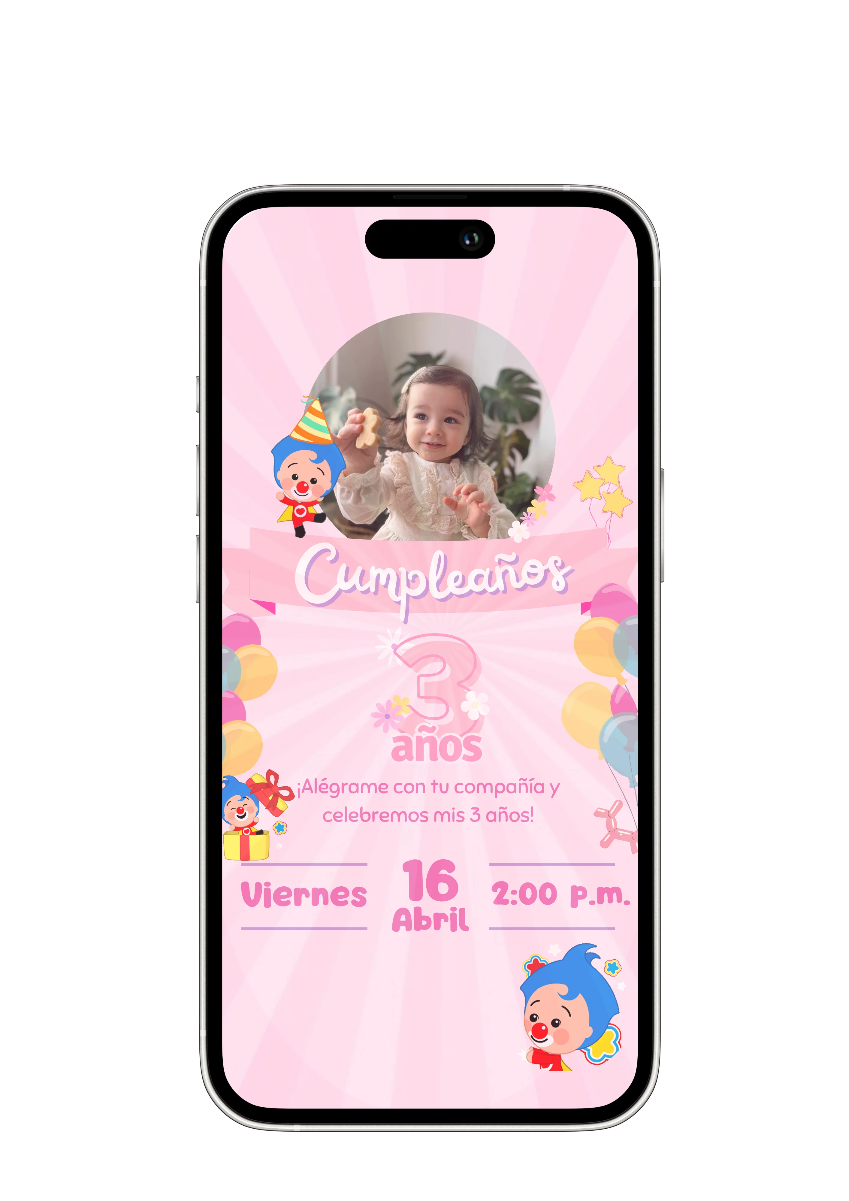 Ejemplo de invitación digital infantil con personajes animados y colores vibrantes